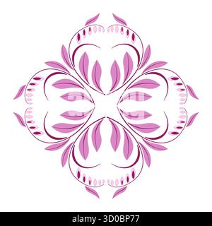 Square diagonal floral design element. Mandala of pink curved leaves and flowers in classic style. Flower mandala on white background. Delicate spring Stock Vector