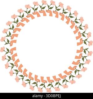 Flourish frame decoration. Hand with pink tulip border. Flower square frame for International Women's Day Stock Vector