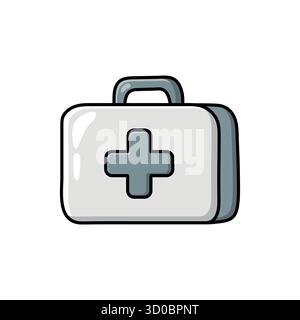 Hand-drawn doodle illustration of a first aid kit in flat vector style. Clean, simple, and modern design suitable for healthcare, safety, education, o Stock Vector