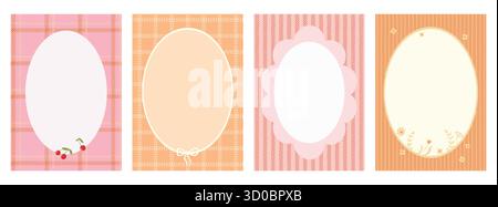Pastel Gingham Menu Frames. Cute Oval Borders with Cherry, Bow and Floral Accents Stock Vector