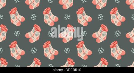 Seamless pattern with cartoon woolen socks and snowflakes. Winter Vector festive winter background.  Stock Vector