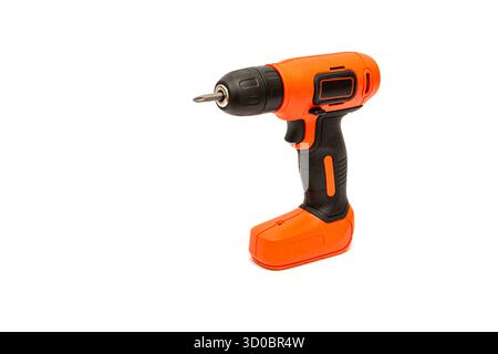 Cordless Power Drill, Rechargeable Electric Screwdriver isolated on a white background. Completely in focus. Stock Photo