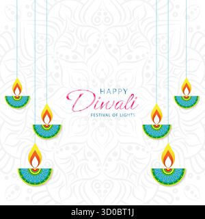 Colorful hanging diwali diya on white background with firework celebration Stock Vector