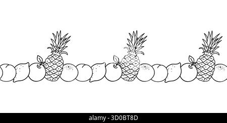 Seamless doodle fruit border with pineapples, lemons, oranges, apples and peaches. Tropical vector line pattern for summer decoration. Stock Vector