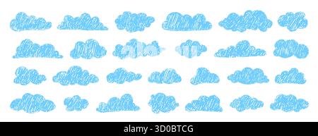 Hand drawn clouds in pastel colors. Childish pencil doodles with crayon textures. Playful sketched elements for kids designs. Set of sky symbols Stock Vector