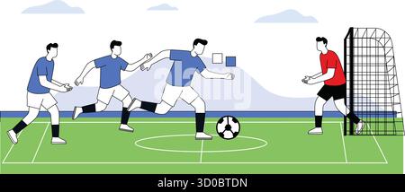 Flat vector illustration of a football player kicking the ball with energy and focus, representing sportsmanship, teamwork, and competition. Perfect for modern sports and motivation concept designs Stock Vector