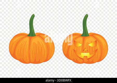 Vector Halloween Pumpkin Set with Carved Faces. Cute Cartoon Pumpkins Set. Colorful Halloween Stickers for Autumn Harvest, Fall Decoration Stock Vector