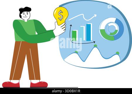 creative illustration depicting a person holding a lightbulb with a dollar sign, symbolizing innovative business ideas, growth strategies, and financial success through data analytics. Stock Vector