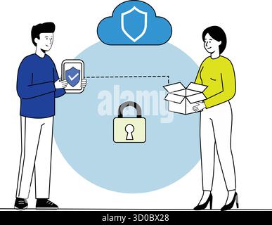 A digital illustration showcasing secure data transfer between two individuals. One person uses a tablet to verify a security check while the other hold the box Stock Vector