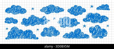 Playful clouds with rough texture. Sketchy hand drawn weather elements for invitations or posters. Vector illustration on checkered notebook sheet Stock Vector