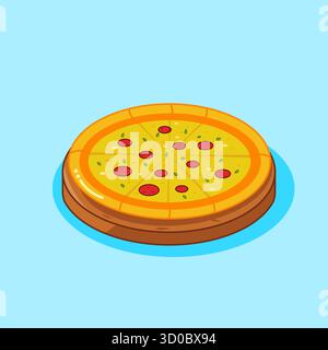 Delicious Flat Design Pizza with Pepperoni and Basil On Plate Vector Illustration Cartoon Design Stock Vector