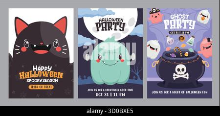 Halloween party clipart poster set. Happy Halloween ghost party invitation card template with cute cat, monster and cauldron elements for spooky Stock Vector