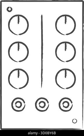 A narrow equipment panel shows multiple round knobs and tall sliders for adjusting levels and settings Stock Vector