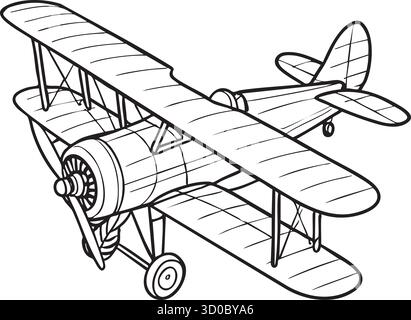 A classic propeller airplane with two stacked wings landing gear and exposed struts flies in profile Stock Vector