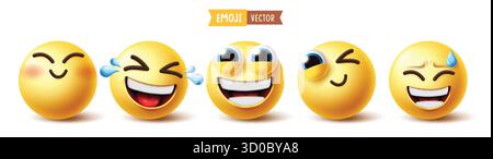 Emoji laughing clipart set. Yellow emojis character clip art in cute, happy, wink, annoyed and cheerful emoticon symbol facial expression collection Stock Vector