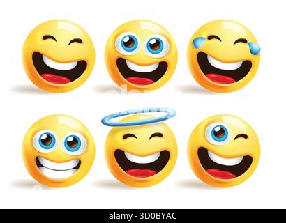Emoji happy cute clipart set. Happy emoji face characters clip art with winking, angel, funny, kind and smiling emoticons yellow collection vector Stock Vector