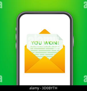 Smartphone showing email message winning notification on screen Stock Vector
