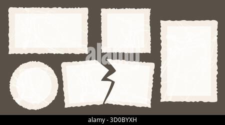 Old Scratched Torn Paper frames and ripped note shapes, photography Set. Distorted Retro Texture Jagged Rectangle, Square and Circle. Vector illustrat Stock Vector