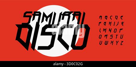 Samurai Japan font, angular sharp letters. Japanese techno alphabet for poster, music cover, DJ party, gaming, esports, flyer title, logo. Asia Stock Vector