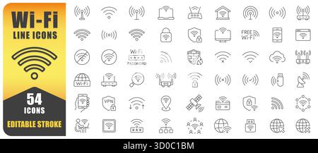 WiFi Line Icon Vector Set. A Collection Of 54 Editable Stroke Icons Depicting Wireless Signals, Routers, Connections, Passwords, And Networks. Perfect Stock Vector