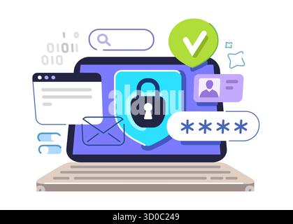 Data protection. Internet computer security concept. Cyber security software program on laptop screen Stock Vector