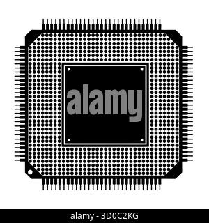 Detailed close-up of microprocessor chip with pins and dots in black and white design. Stock Vector