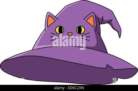 A whimsical purple pointed hat decorated with cat ears and a tiny feline face perfect for magical themes Stock Vector
