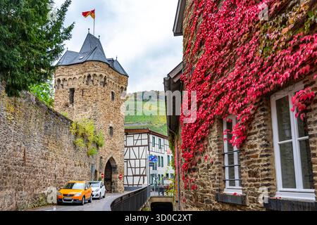The old town of Ahrweiler, renovated, restored, and partly rebuilt after the flood in the Ahr Valley in July 2021, Obertor, city gate, city wall, Rhin Stock Photo