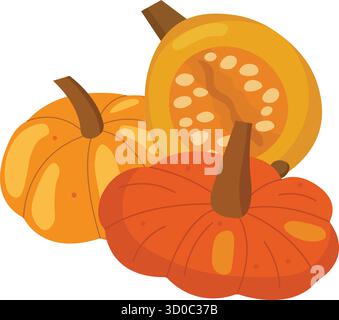 Three orange pumpkins including one cut in half Stock Vector
