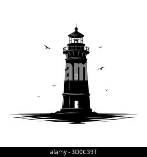 Silhouette of lighthouse amidst seagulls in minimalist black and white design. Stock Vector
