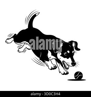 Energetic dog leaping for a ball in black and white illustration. Stock Vector