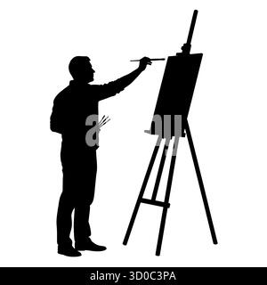 Silhouette of male artist painting on easel. Stock Vector