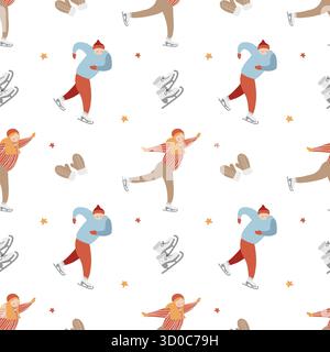 Vector illustration of people skating, seamless pattern for Christmas or New Year. Winter sports. Vector flat illustration on a white background. Winter attributes skates, mittens. Stock Vector