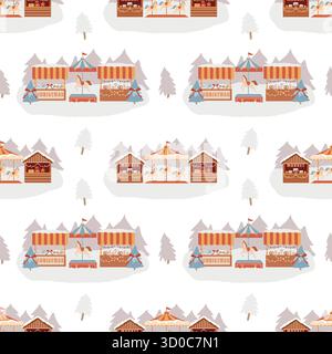 Seamless vector pattern with a festive carousel with horses, market stalls and snow-covered fir trees. Christmas winter fair. Nostalgic carnival background. Vector flat illustration on a white background. Stock Vector
