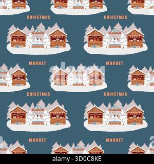 Seamless vector pattern with a festive carousel with horses and market stalls. Christmas winter fair. Nostalgic carnival background. Vector flat illustration on a blue background. Stock Vector