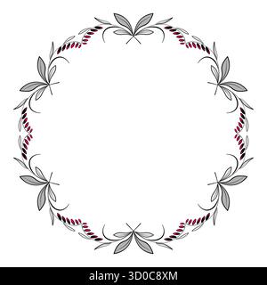 Round floral frame of curved leaves and flowers in modern style. Gray red plant wreath on white background. Delicate spring mandala ornament of flower Stock Vector