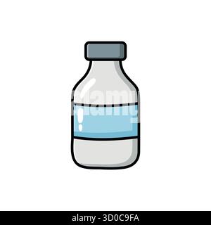 Hand-drawn doodle illustration of a small bottle with a blue label in flat vector style. Perfect for medical, cosmetic, pharmacy, or packaging design Stock Vector