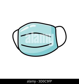 Hand-drawn doodle illustration of a blue protective face mask in flat vector style. Ideal for healthcare, hygiene, safety, education, and social aware Stock Vector