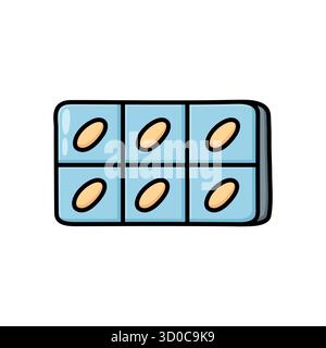 Hand-drawn doodle illustration of a pill blister pack with six yellow tablets. Minimal flat design for healthcare, pharmacy, medical apps, packaging, Stock Vector