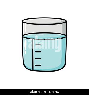 Hand-drawn doodle illustration of a transparent measuring cup filled with liquid. Simple flat vector style, perfect for cooking, science, education, w Stock Vector