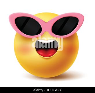 Emoji cool summer clipart. Summer yellow emoticon clip art wearing pink sunglasses in cute, happy, blush, relax and funny emoji symbol flat element Stock Vector