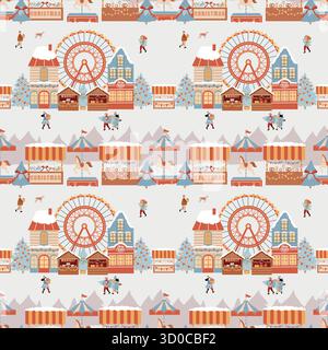 Seamless pattern with an amusement park on a light background. Christmas market, winter town. Carousel with horses, Ferris wheel, Christmas market sta Stock Vector