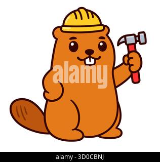 Cute cartoon construction worker beaver, mascot character with hammer and hard hat. Isolated vector clip art illustration. Stock Vector