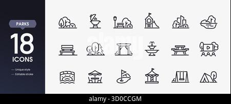Parks and Green Space Line Icon set. Symbols with forest belt, trees, grill area, bench, playground, and tent for outdoor recreation. Outline vector Stock Vector
