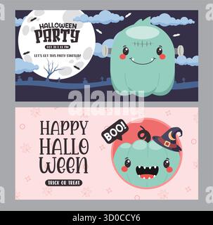 Happy Halloween greeting card clipart banner set. Halloween party invitation card template clip art in wallpaper and seamless pattern graveyard Stock Vector