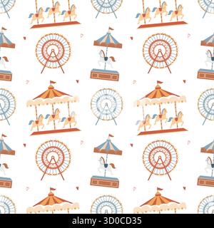 Seamless pattern with an amusement park on a light background. Carousel with horses and a Ferris wheel on a white background. Cartoon vector background with an amusement fair in a flat style. Stock Vector