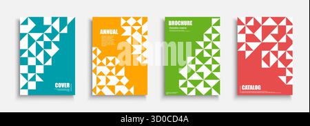 Collection of bright color posters with mosaic geometric shapes and triangles. Vector modern placards, brochures, banners, backgrounds, cards. Unusual Stock Vector