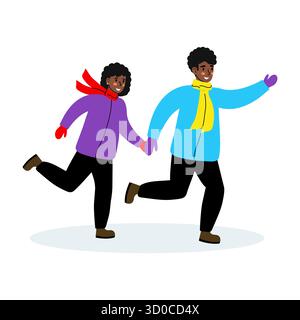 Two friends run joyfully in a winter landscape, dressed in bright scarves and jackets. Their cheerful expressions reflect the fun of a snowy outdoor a Stock Vector