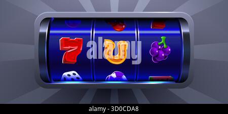 Classic Slot Machine Reels with Lucky Symbols. A vibrant illustration showcasing the excitement of casino gaming. Vector illustration. Stock Vector
