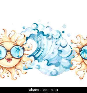 Summer vibes seamless pattern with cheerful suns, playful waves, and tropical themes for vacation backgrounds, wallpapers, and festive occasions Stock Vector